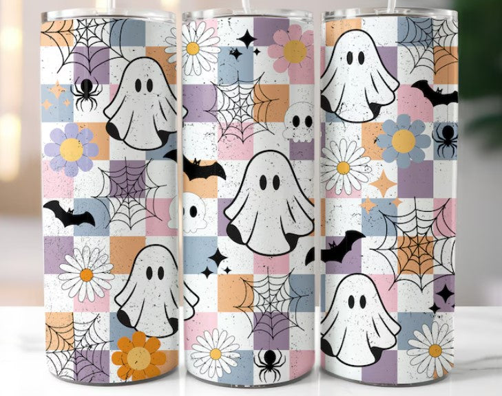 Multicolor Checkered Ghosts & Bats Sublimation Tumbler