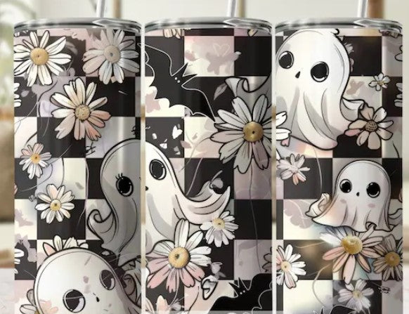 Checkered Ghosts & Daisies Sublimation Tumbler