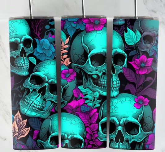 Teal Floral Skulls Sublimation Tumbler